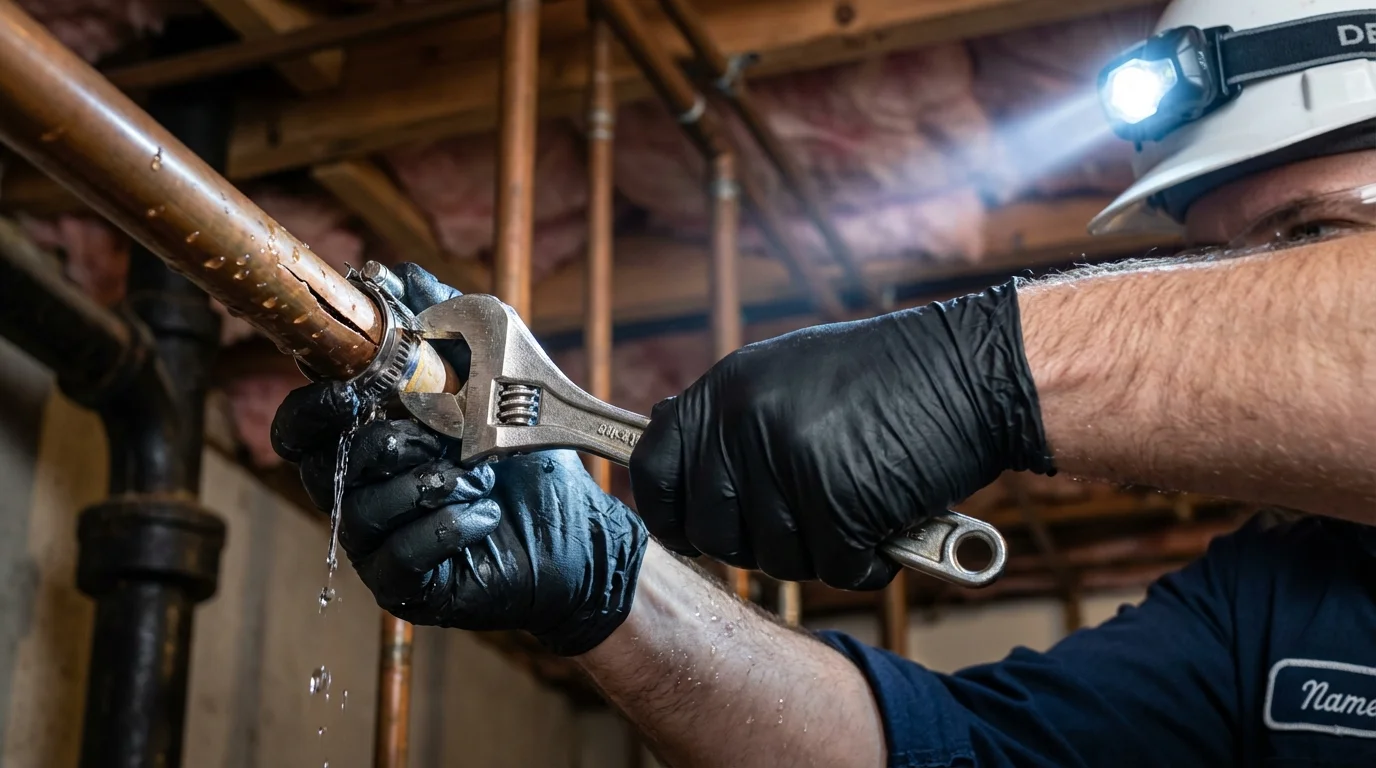 Emergency pipe clamp repair being performed by a Johns Plumbing LLC plumber in Linton