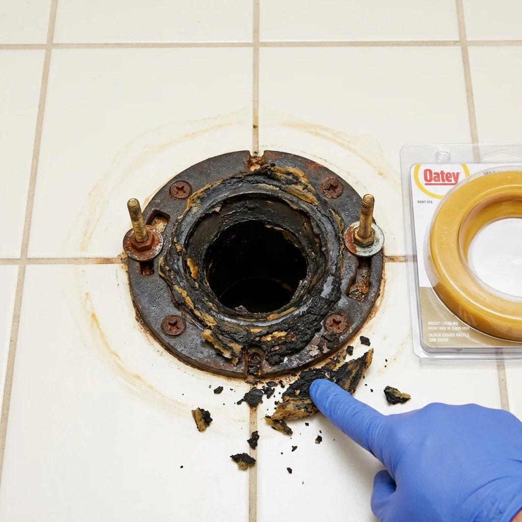 Failed wax ring showing water seepage at the base of a toilet in a Linton, ND home