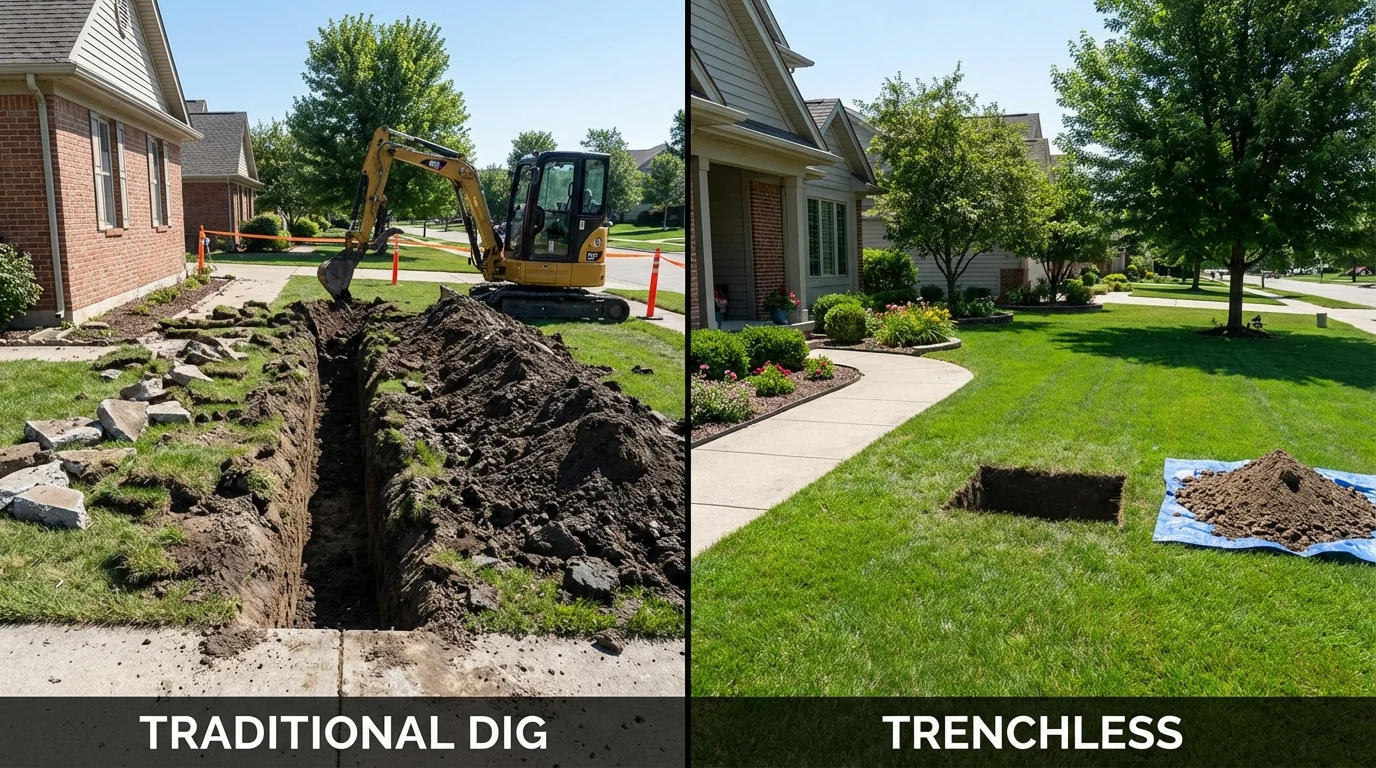 Trenchless sewer repair with minimal yard damage versus traditional excavation in Linton, ND