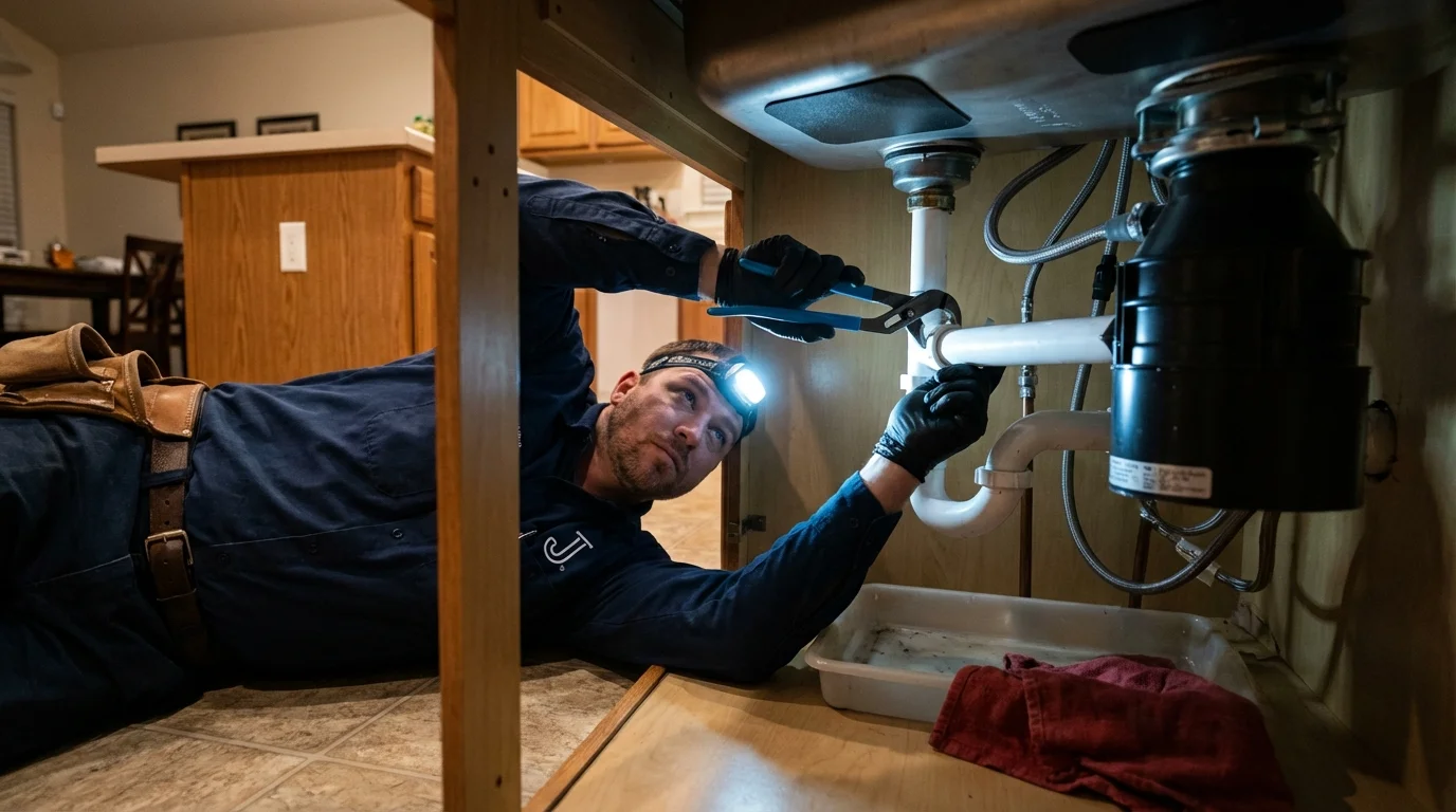 P-trap and supply line connections under a kitchen sink showing a common leak point in Linton, ND